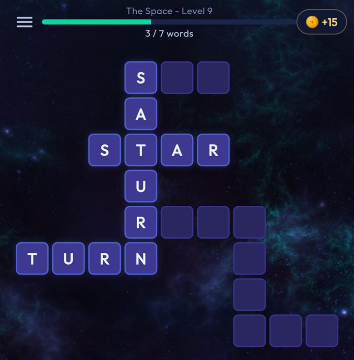 A Wordovia crossword in the Space world, with some words filled in.